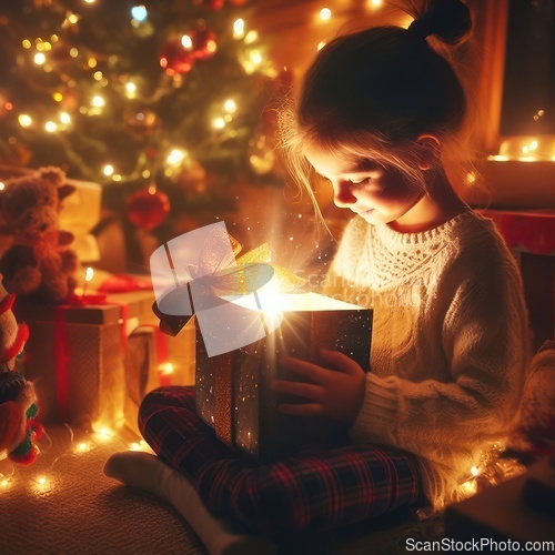 Image of young child opening a wondrous glowing gift