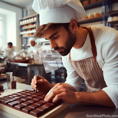 Image of chocolatier pastry chef working on fine chocolates in kitchen ge