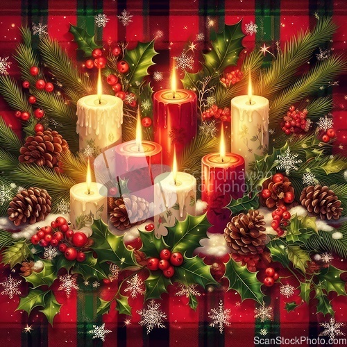 Image of candles and ornaments christmas background