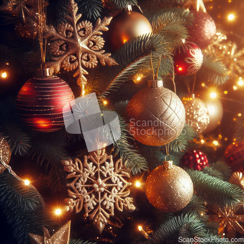 Image of closeup of beautiful tree with lights and ornaments generative a