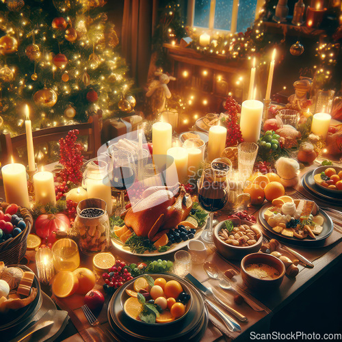 Image of beautiful christmas dinner laid out on table