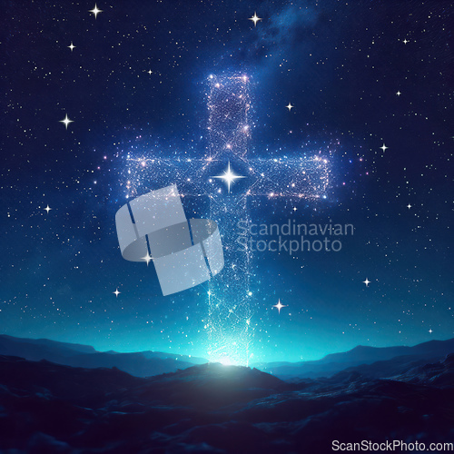 Image of glowing stars forming the christian cross