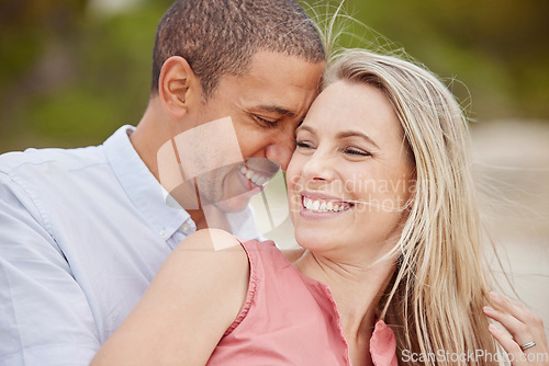 Image of Happy couple smile, summer love outdoor travel in miami and young multicultural people. African black man hug with happiness, beautiful white woman laugh and natural bond time together in sunshine