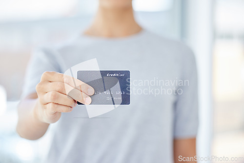 Image of Hand, money and woman with credit card for finance, bank and money payment in a room. Buy or pay bills, retail shopping or debt with salary with cashless service. Savings, profit and banking key