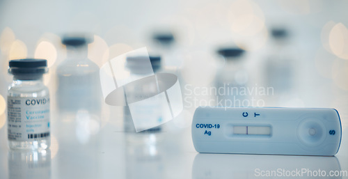 Image of Covid medical vaccine with test technology, in lab to save life across the world and help end the global covid 19 pandemic. Pharmacy stores, clinics and hospitals worldwide were used for vaccinations