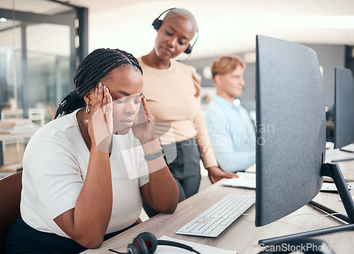 Image of Stress, headache and frustrated in the office from work with exhausted woman at desk. Black businesswoman tired from performance in workplace with overworked, disappointed and upset worker