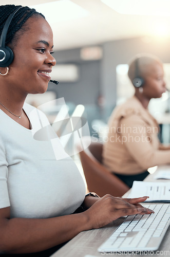 Image of Black woman, call center and contact us teamwork in office for crm consulting, help or customer support. Happy smile receptionist, telemarketing consultant or sales women working in b2b communication