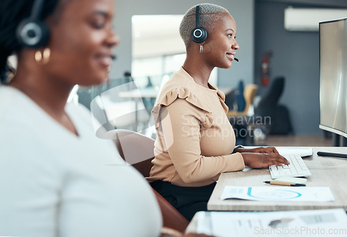 Image of Customer service, call center and telemarketing consultant happy to help with friendly quality support. Black woman working as an insurance agent talking to a client for a communications company