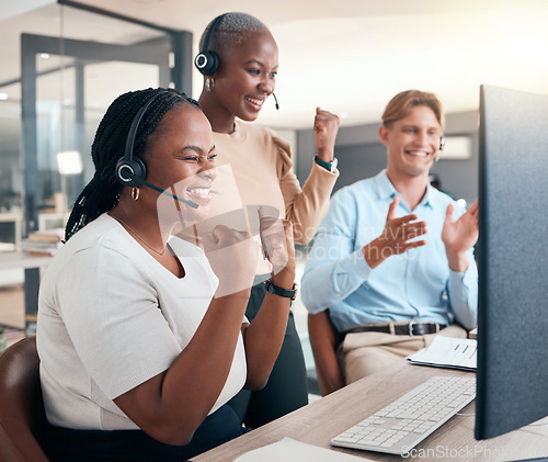 Image of Call center, celebrate and cheer for success, target or online good review on computer with teamwork, motivation and diversity. Black women and man in customer support, telemarketing and CRM team