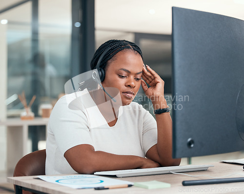 Image of Stress, anxiety and burnout with a woman consultant working in a call center for customer care and support. Crm, contact us and telemarketing with a female at work in sales with pressure or a problem