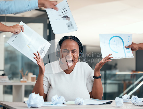 Image of Stress, frustrated and woman screaming with paperwork at her desk in corporate modern office. Burnout, crumpled paper and angry telemarketing consultant with administration documents from managers.