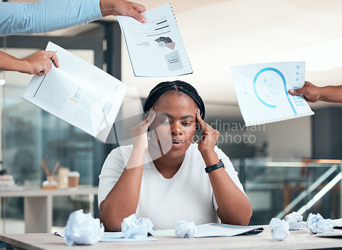 Image of Stress, burnout and anxiety with a woman consultant working in a call center for customer service, telemarketing and sales. Crm, documents and support with an unhappy female with pressure at work