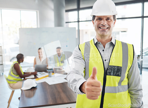 Image of Thumbs up, leader and architect team working on architecture design for a home, house or skyscraper building. Senior man, manager or supervisor with thumbsup for motivation, teamwork or collaboration