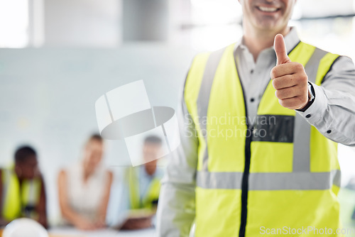 Image of Thumbs up, success and happy architect man standing against a blurred background. Support, welcome or thank you with industrial construction designer designing a building architecture project at work