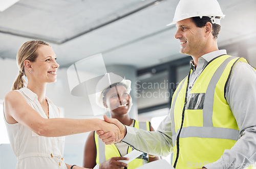 Image of Welcome handshake and meeting with construction engineer for business contract deal together. Professional agreement hand gesture with industrial architect design workers busy with project.