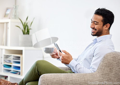 Image of Business man, entrepreneur or ceo with phone drinking coffee while relax, smile and communication on social media in office. Businessman, leader or manager with smile, happy or success on smartphone