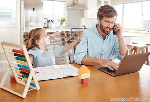 Image of Child learning, home working and work call of a dad on a computer busy with digital planning. Business man talking and using technology while a girl tries to get attention to help with study book