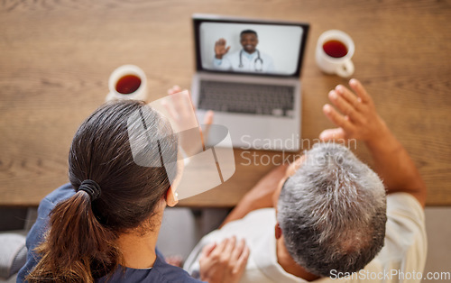 Image of Senior couple with a laptop on a video call with a doctor for consultation during lockdown above. Man and woman talk, wave and telehealth with medical healthcare expert to consult on health at home