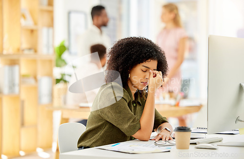 Image of Work headache, burnout stress and digital business woman working on a computer 404 glitch. Corporate worker online using technology feeling depression and mental health anxiety from tech report