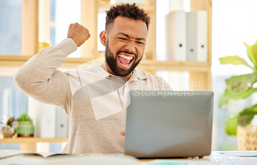 Image of Celebrate success, reading email and businessman trading online with laptop, excited about online website and motivation while working on the internet. Advrtising worker happy about startup win