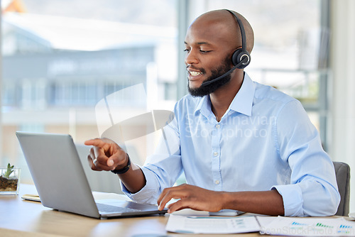 Image of Telemarketing customer service, support and tech help man worker on a online web consultation. Internet consultant and call center employee with headset doing digital, crm and contact us consulting