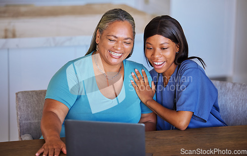 Image of Happy senior woman and caregiver with laptop excited over video call, news or streaming exciting movie. Wow, communication and elderly retirement black woman and nurse in online conversation at home