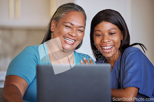 Image of Laptop, family and social media with a black woman and girl using internet or wifi in a home to browse online or make a video call. Email, computer and technology with a mother and daughter bonding