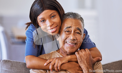 Image of Nurse hug, healthcare and senior man with medical support from doctor, consulting for health and happy in communication during retirement. Portrait of sick person with trust in worker in house