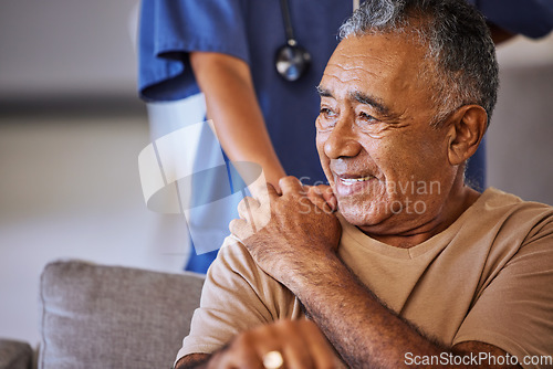 Image of Nurse or doctor give man support during recovery or loss. Caregiver holding hand of her sad senior patient and showing kindness while doing a checkup at a retirement, old age home or hospital