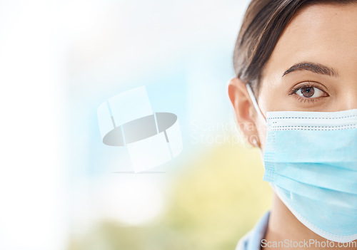 Image of Covid, mask and face of a medical doctor or healthcare nurse working at a hospital, insurance for safety and nursing staff at clinic. Portrait of sick, expert health worker or professional at job