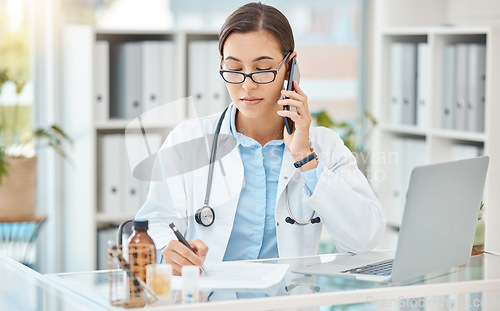 Image of Telehealth woman doctor phone call, healthcare talking and medical service writing sick note, surgery planning and prescription. Wellness worker, medicine research and clinical report test results