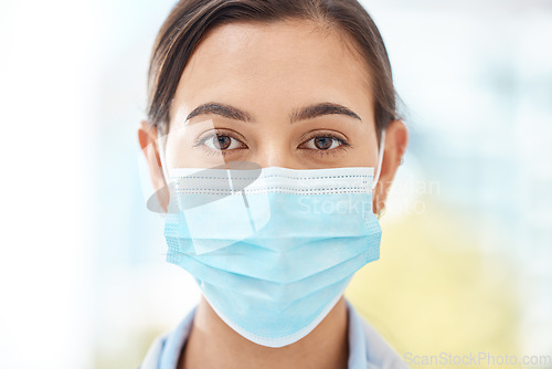 Image of Covid, face and mask for clean hygiene with a woman staying safe and wearing protection against coronavirus while standing. Closeup of female following safety regulations for virus during pandemic
