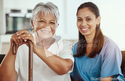 Image of Healthcare, doctor and elderly woman bonding, sitting on sofa during a checkup at assisted living facility. Senior care, support and nursing with young caretaker discussing option and treatment