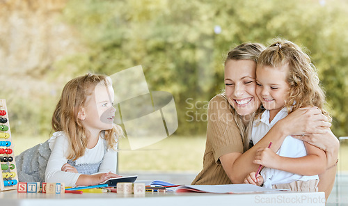 Image of Mother hug girl for kindergarten learning, education and development in language and math on outdoor patio. Mom teaching kids at home and happy with children progress, results or knowledge growth