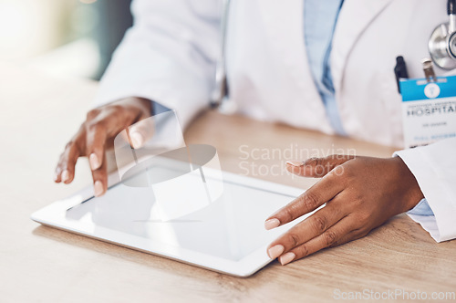 Image of Telehealth doctor, mockup digital tablet and virtual healthcare analysis, clinic service and surgery planning online. Black woman hands, medical research website and internet app results in hospital