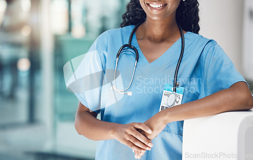 Image of Doctor, medical worker and healthcare nurse with smile working at a hospital, help with accident insurance and professional in cardiology. Employee in medicine field happy with career at clinic