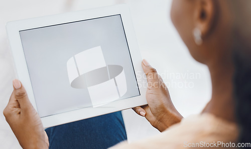 Image of Hands and mockup of tablet with black woman on social media, online shopping and search the internet. Ecommerce, working or payment, work online or communication in ux app, tech and surfing the web