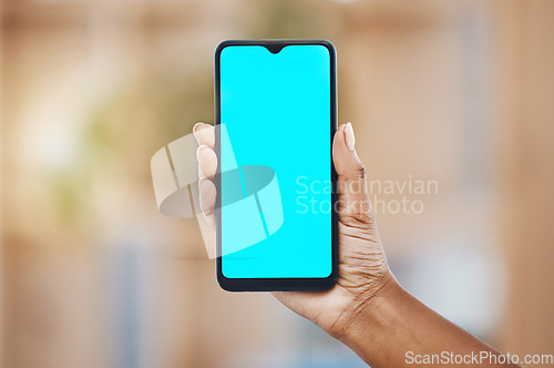 Image of Smartphone technology and woman hands with green screen for ui design and marketing cellular app. Person with modern cellphone gadget for online communication with mockup for advertising.