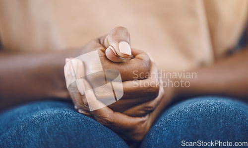 Image of Stress, scared and sad black woman hands with difficult crisis problem of fear, grief and loss from mistake or risk. Sorry, worry and fail girl with anxiety or person in emotional pain from despair