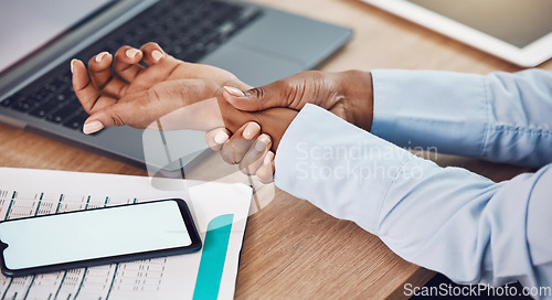 Image of Business woman wrist pain hands, carpal tunnel and disability of arthritis, osteoporosis and stress at work. Closeup of employee with health problem, muscle injury and orthopedic risk from desk job