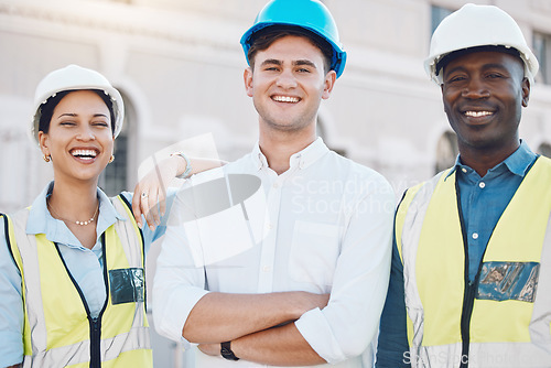 Image of Logistics worker, architect and manager portrait working on construction site, happy with architecture partnership and smile for engineering job. Team diversity in industrial maintenance industry