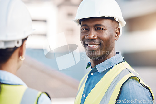 Image of Black man engineer or architect portrait with helmet, safety gear and outdoor lens flare. Trust, expert and happy smile of a construction worker or manager with worker on site for project development
