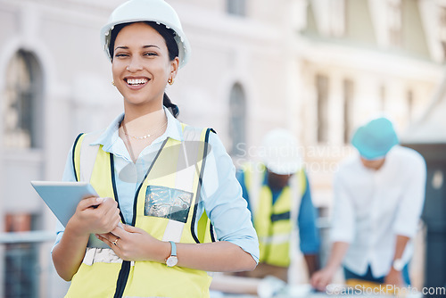 Image of Construction, tablet and architecture with a woman builder or architect working on a building site in the city. Engineer, design and technology with a female designer and her team in the background