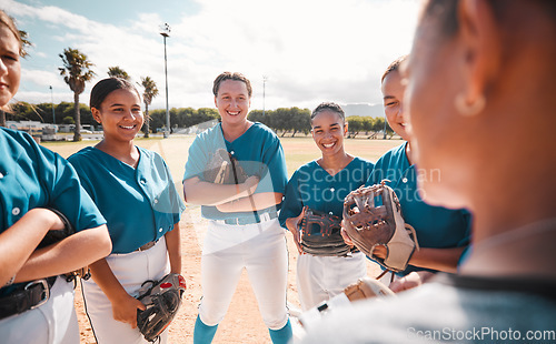 Image of Team of women baseball players, given strategy and motivation by coach to win game. Winning in sport means leadership, teamwork and pride as well as healthy competition for group victory in softball