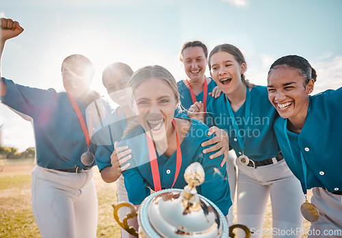 Image of Winning trophy and team of women in baseball portrait with success, achievement and excited on field with blue sky lens flare. Teamwork motivation and celebration of group of people or sports winner