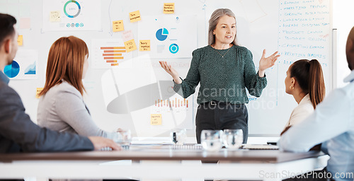 Image of Manager doing a presentation in business meeting with financial charts, data and graphs. Collaboration, strategy and teamwork of professional accounting leader and employees in office conference room