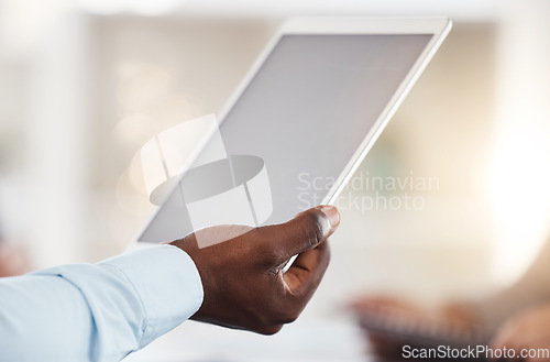 Image of Business tablet and hands with a digital mock up screen for online corporate communication. Modern office worker with electronic device touch screen display and secure internet connection.