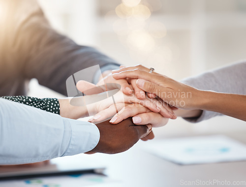 Image of Hands, support and team building trust in collaboration, teamwork and motivation for global company success. Zoom, men and women diversity in office after a business meeting with strategy target goal