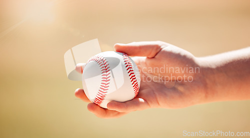 Image of Baseball, sports and ball exercise of a hand about to pitch and throw in summer. Fitness, sport training and team player workout of a athlete in the sun outdoor for a competitive game in sunshine