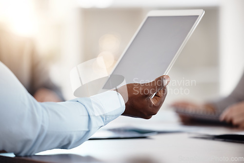 Image of Business man hands, tablet mockup and planning in office meeting for marketing ideas, advertising strategy and website media. Closeup digital screen space, internet technology and reading online apps